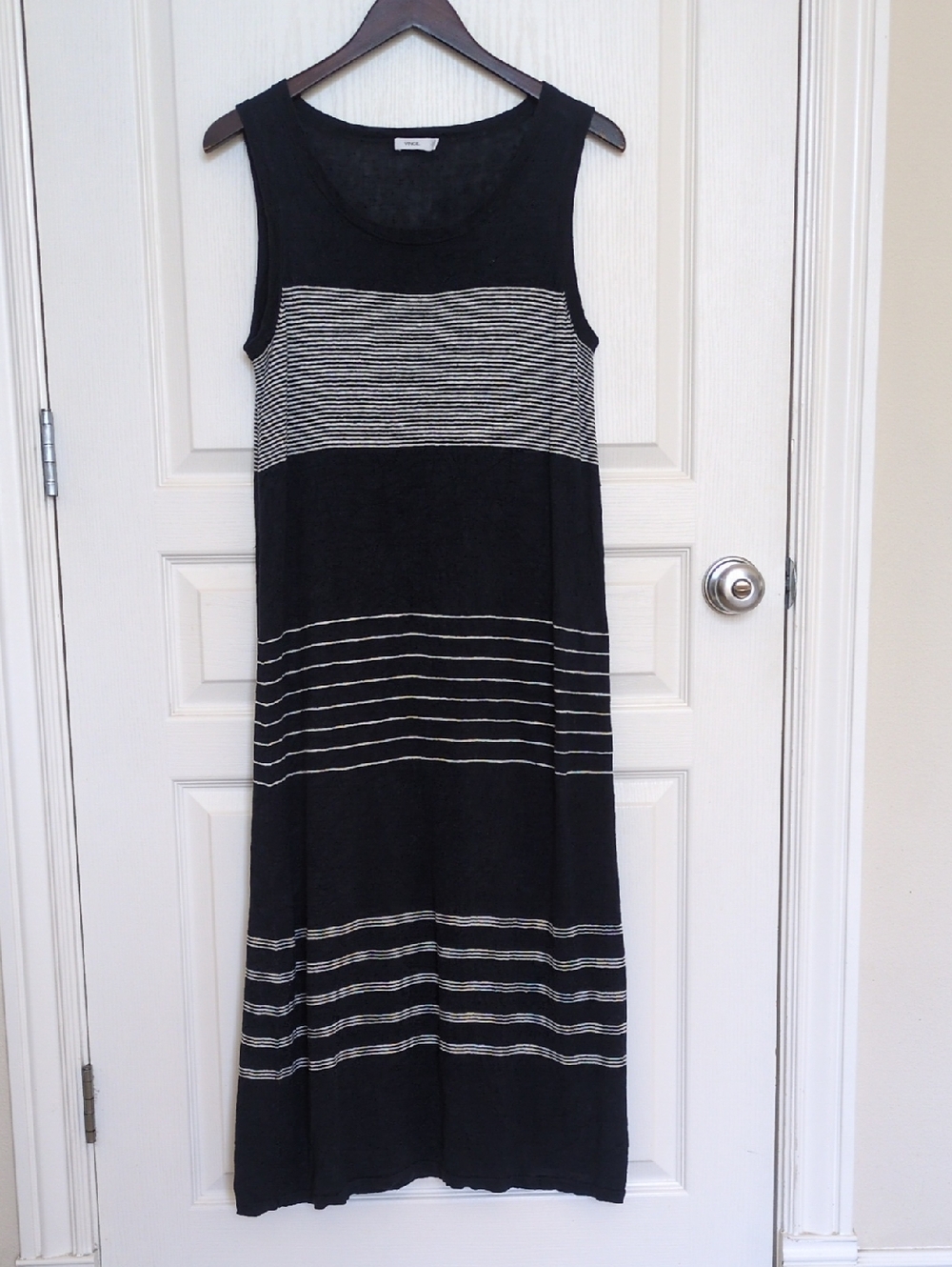 Vince Navy Linen T-shirt Dress with White Stripe Panels